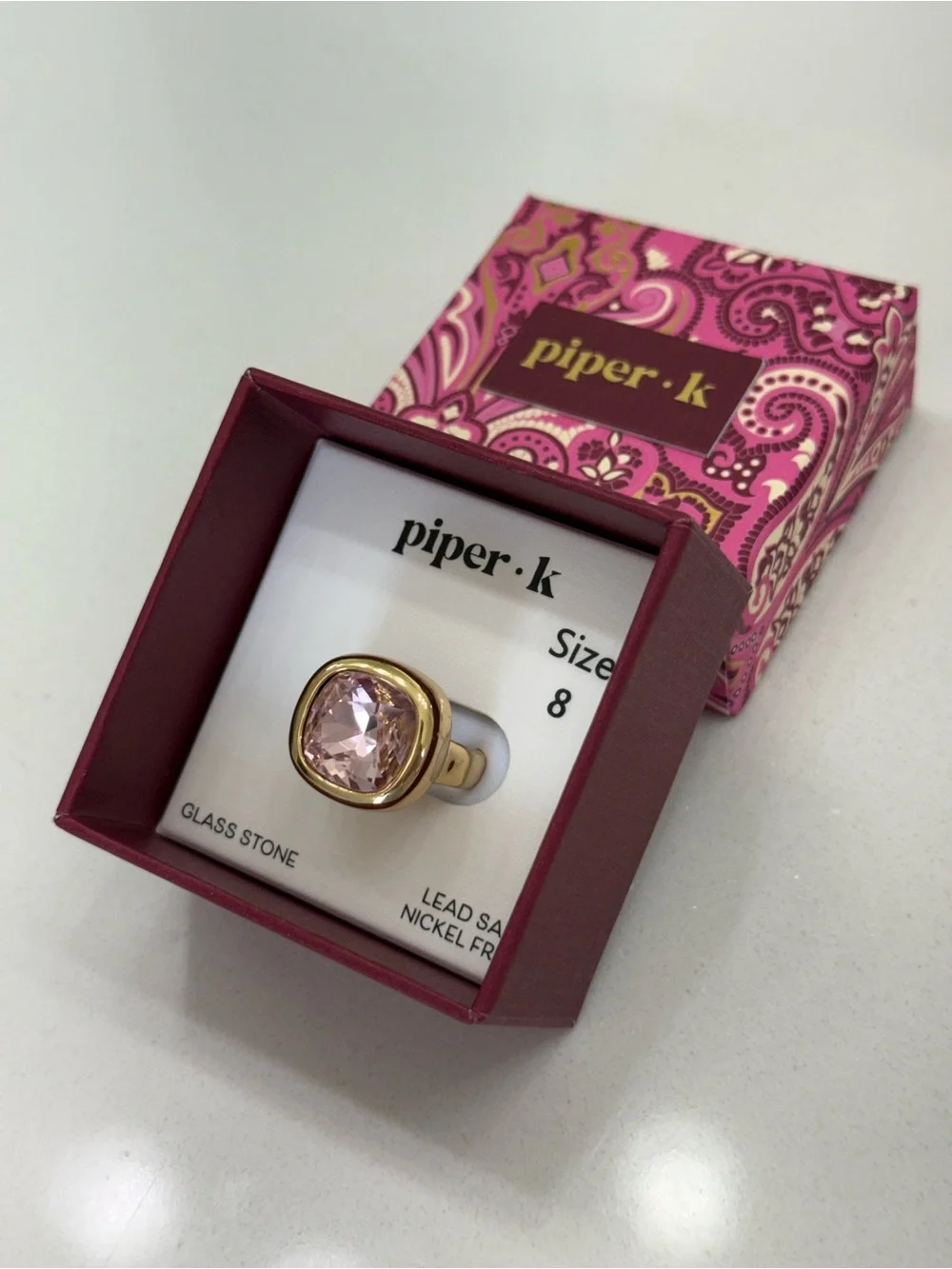 Piper Gold-Tone Ring with Blush Pink Cushion Stone 8 NIB